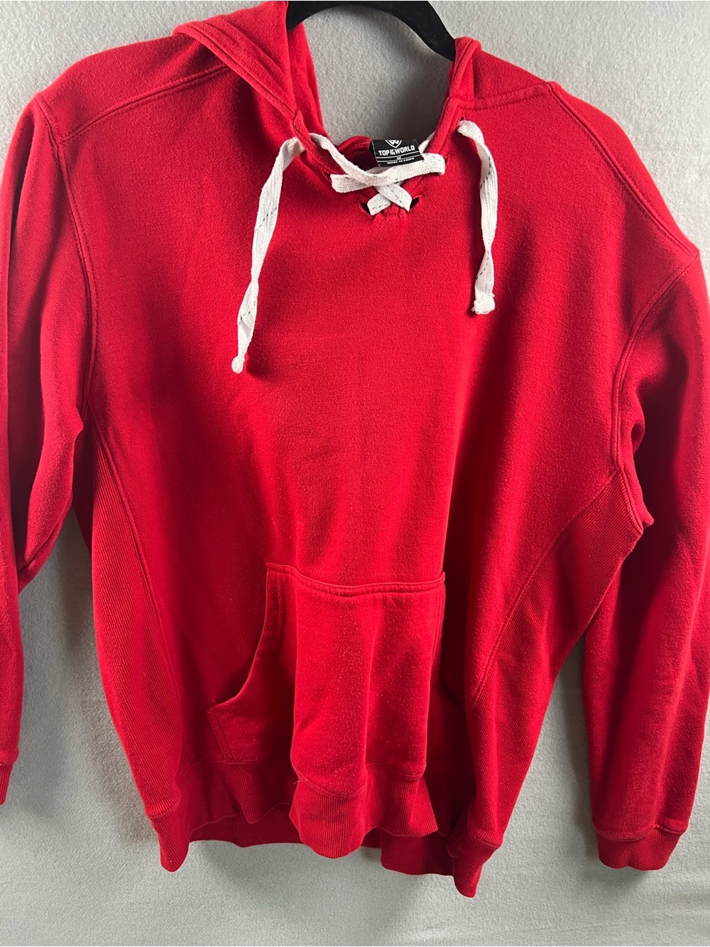 Top of the World Red Hooded Pullover Sweatshirt with White Drawstrings